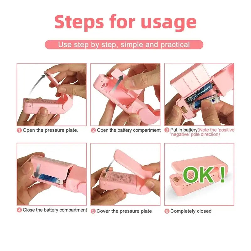 Steps for usage of Mini Heat Bag Sealing Machine Package Sealer demonstrating battery installation and closure.
