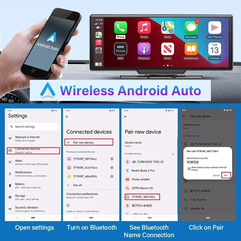 10.26'' Dash Cam 4K Car Mirror Video Player Wireless Carplay Android Auto GPS Car Monitor Multimedia Rearview Camera Dashboard - Evallys.com