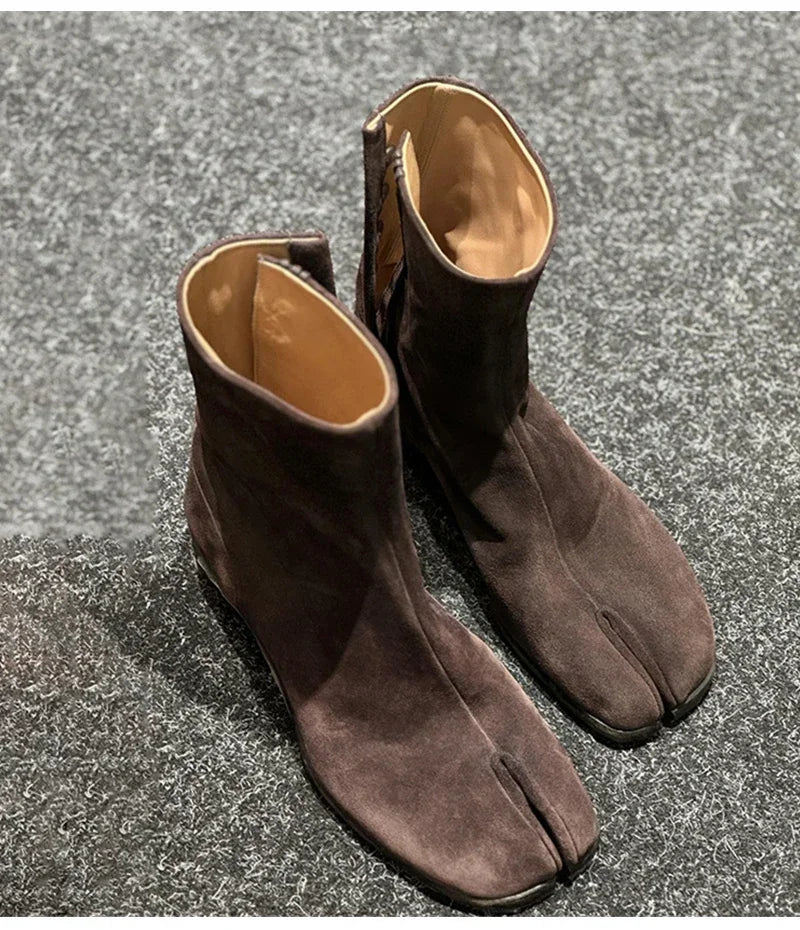 2024 Autumn Winter Soft Leather Split toe Tabi Women Ankle Boots Fashion Thick High heels Chunky Shoes Ins Style Short Booties - Evallys.com