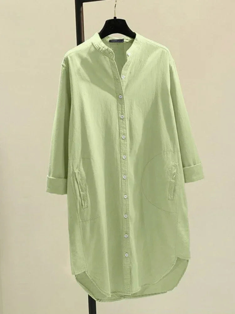 Elegant Cotton Linen Women’s Mid-Length Shirt – Casual Commuter Style - Evallys.com