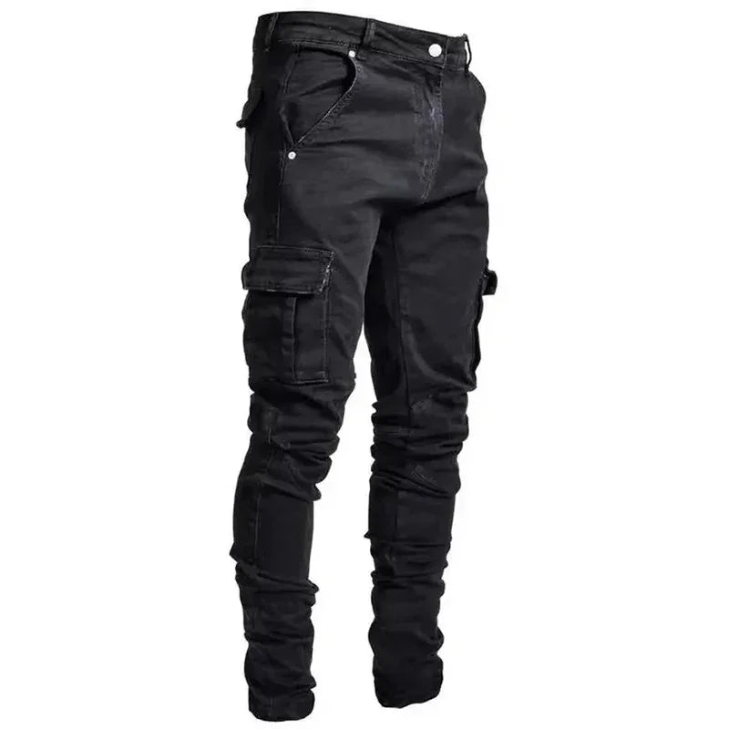 Men Street Elastic Denim Jeans Wash Solid Color Multi Pockets Cargo Pants Casual Slim Fit Daily Wear Joggers Mid Waist Trousers - Evallys.com