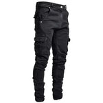 Men Street Elastic Denim Jeans Wash Solid Color Multi Pockets Cargo Pants Casual Slim Fit Daily Wear Joggers Mid Waist Trousers - Evallys.com
