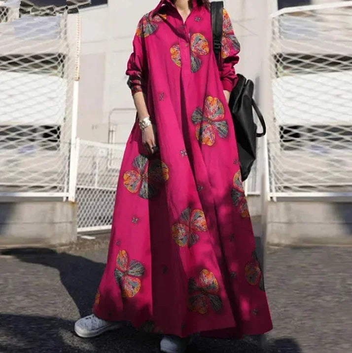 Vintage Cotton Linen Shirt Dress Women’s Autumn Long Maxi Robe - Evallys.com