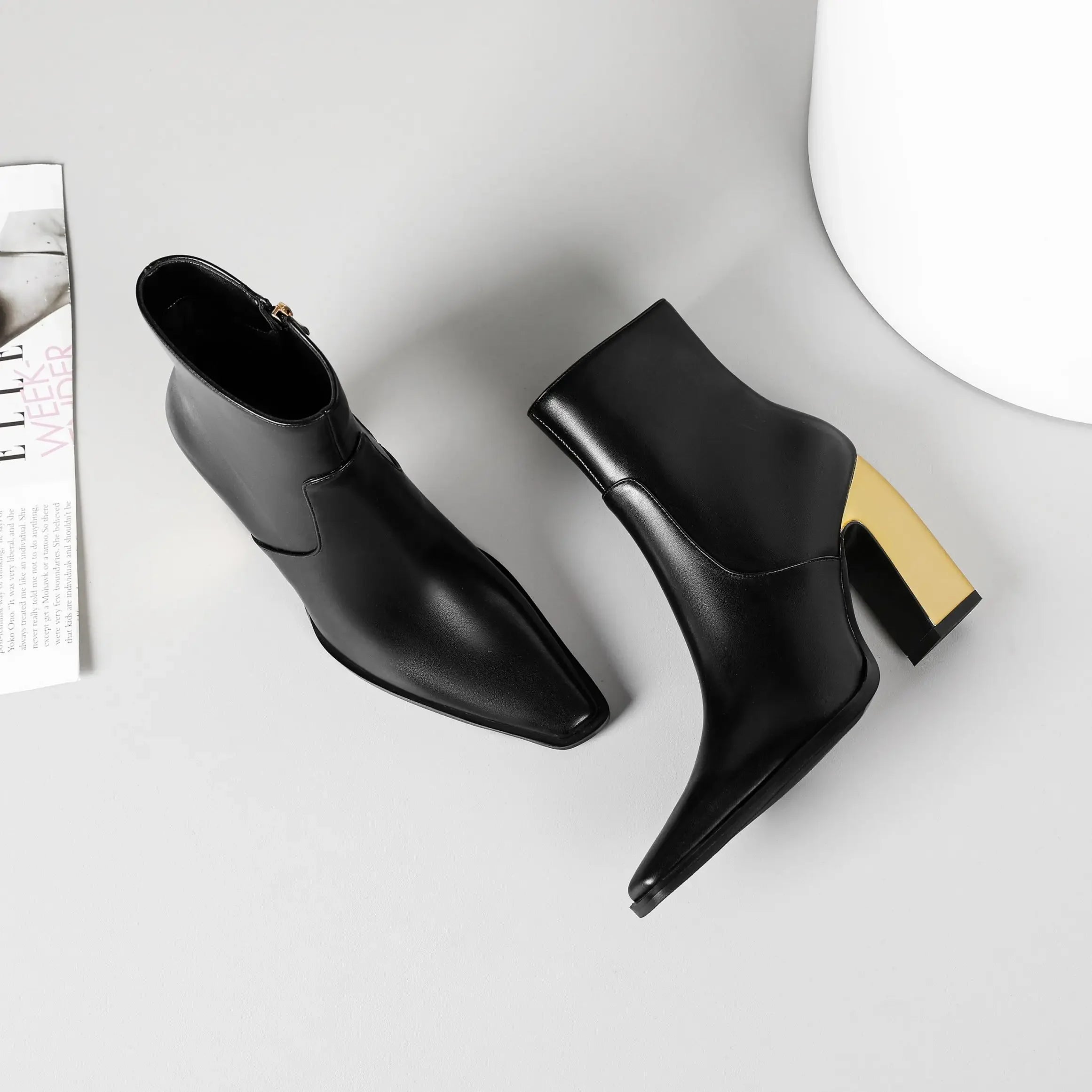 Booties for Women Wide Calf Gold Chunky Heel Elegant Dress Boots - Evallys.com