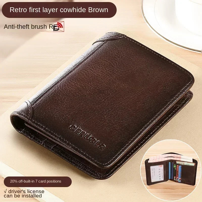 Men Wallet Genuine Leather Rfid Blocking Trifold Wallet Vintage Thin Short Multi Function ID Credit Card Holder Male Purse Money - Evallys.com