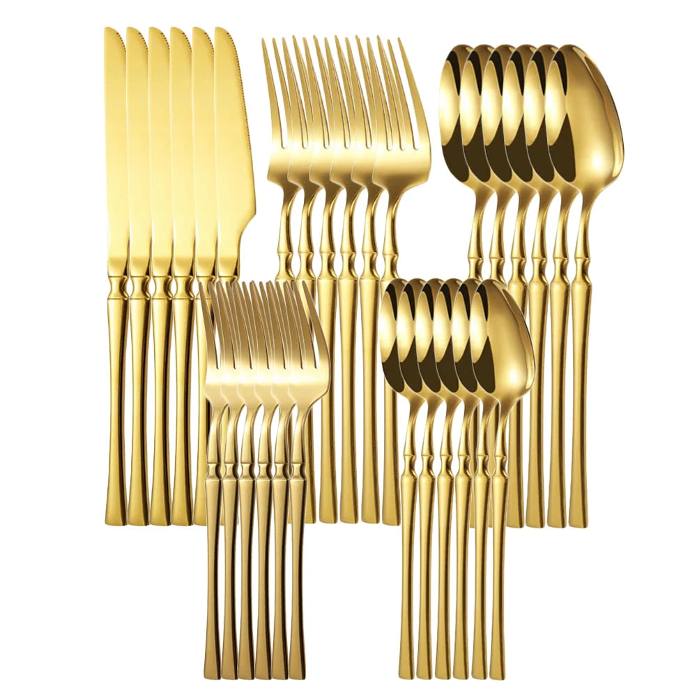 20/30/40Pcs stainless steel dinnerware set with gold cutlery knife fork spoon tableware for elegant dining.