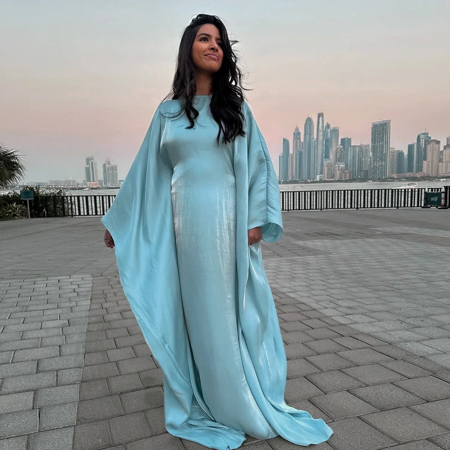 Eid Ramadan Batwing Butterfly Satin Abaya Dubai Luxury Muslim Kaftan Maxi Dress Women Kebaya Robe Caftan Marocain Femme Vestidos - Evallys.com
