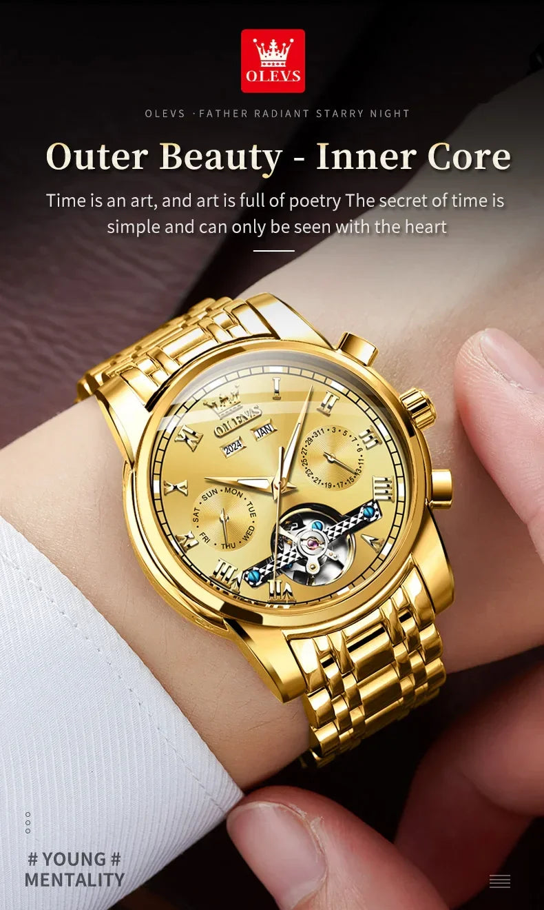 OLEVS Men's Watches Automatic Mechanical Business Wristwatch Waterproof Stainless Steel Strap Watch for Man Skeleton Calendar - Evallys.com