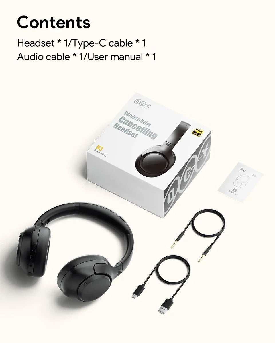 QCY H3 ANC Wireless Headphones Bluetooth 5.4 Hi-Res Audio Over Ear Headset 43dB Hybrid Active Noise Cancellation Earphones 60H - Evallys.com