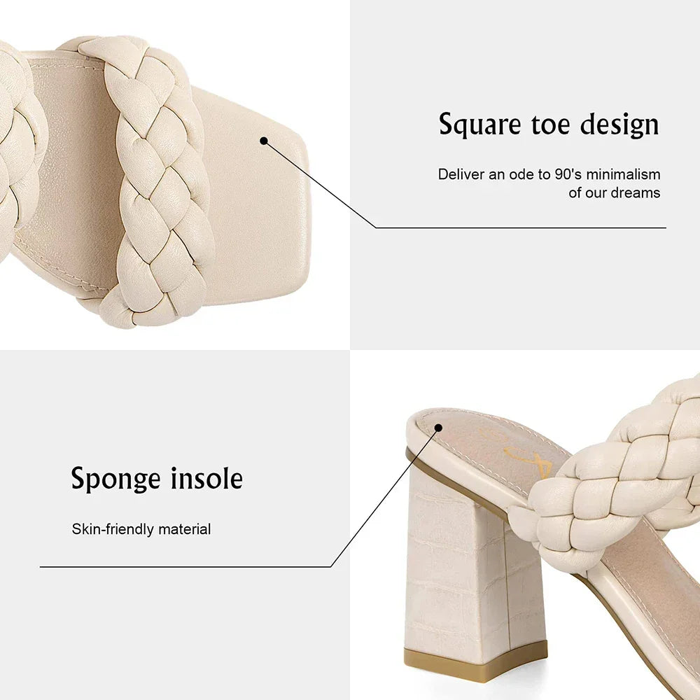 Elegant Women's Braided Heels Sandalias Fashion Strappy Square Sandals Open Toe Backless Mules Slip On Block Heeled Shoes - Evallys.com