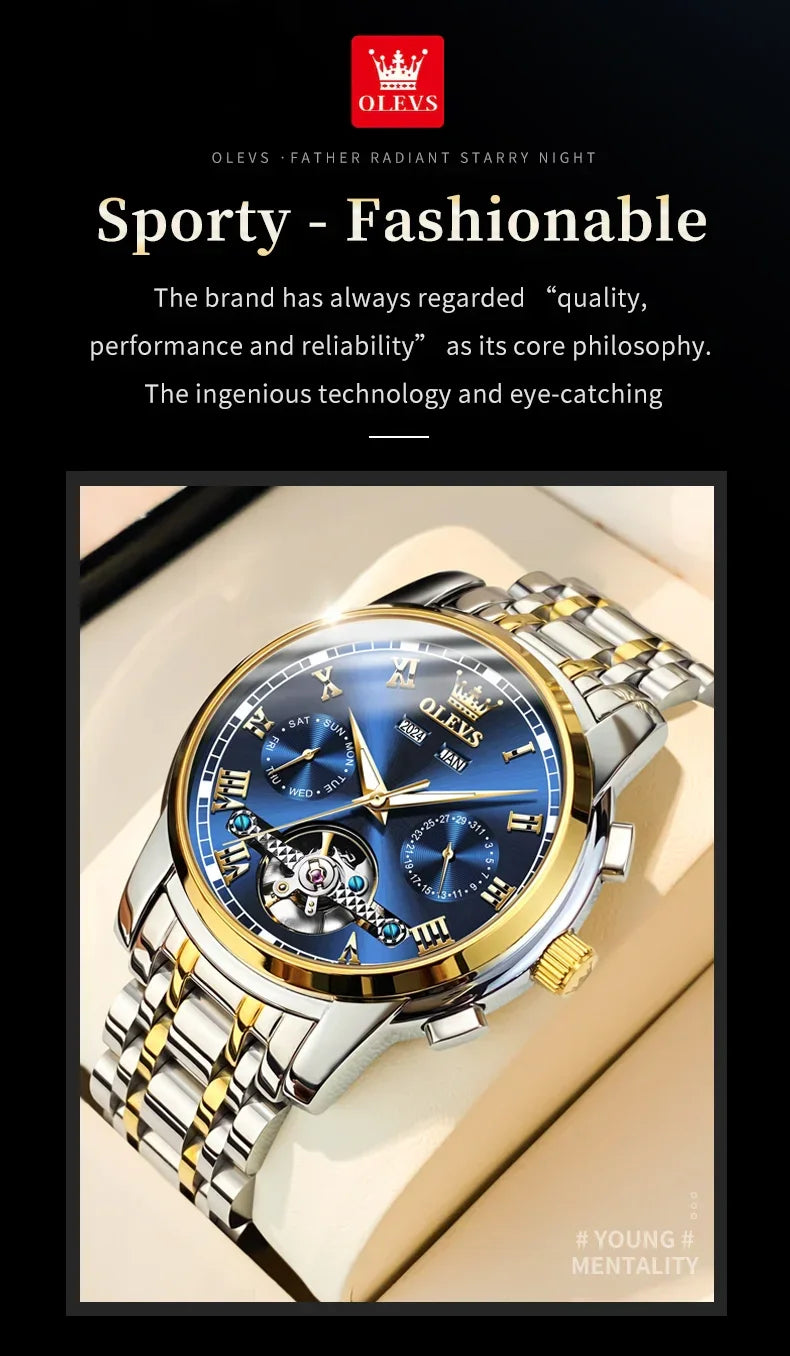 OLEVS Men's Watches Automatic Mechanical Business Wristwatch Waterproof Stainless Steel Strap Watch for Man Skeleton Calendar - Evallys.com