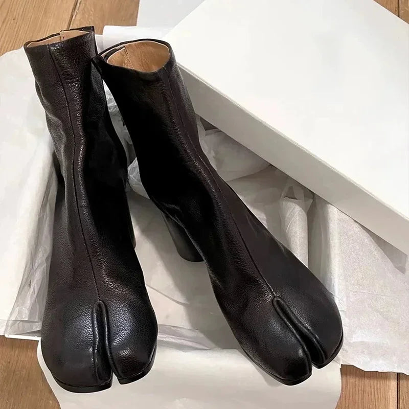 2024 Autumn Winter Soft Leather Split toe Tabi Women Ankle Boots Fashion Thick High heels Chunky Shoes Ins Style Short Booties - Evallys.com