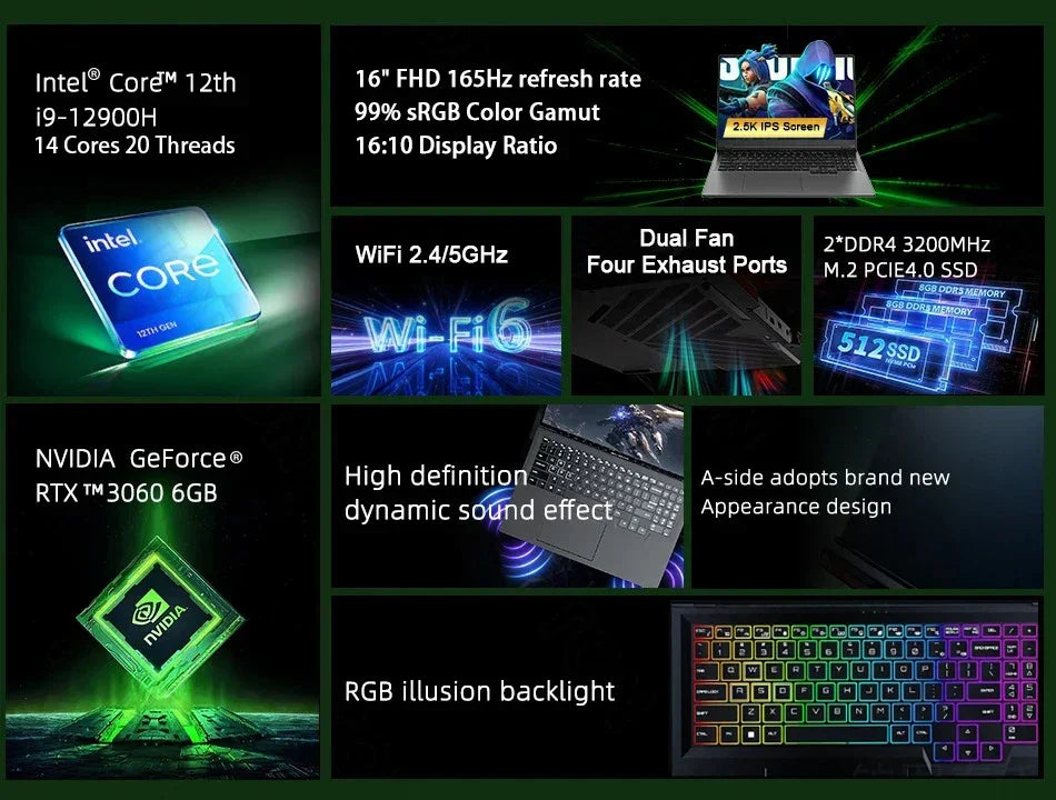 CRELANDER Laptop Gamer 16 Inch Intel Core i9 Processor 2.5k IPS Screen 165Hz RTX 3060 6G RAM 64GB 4TB SSD Notebook Gaming Laptop - Evallys.com