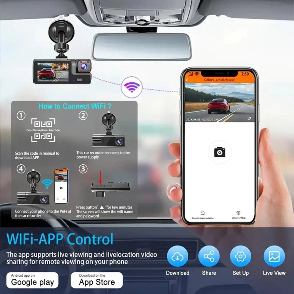 3Camera Dash Cam For Car Camera 1080P Video Recorder WIFI Car DVR Front Rear View Camera Night Vision Black Box Car Accessories - Evallys.com