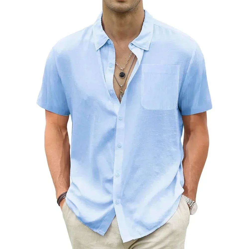 Men's Lightweight Hawaiian Shirts Cotton Linen Breathable Short Sleeve Shirts Vacation Beach Casual Summer Men Tops with Pocket - Evallys.com