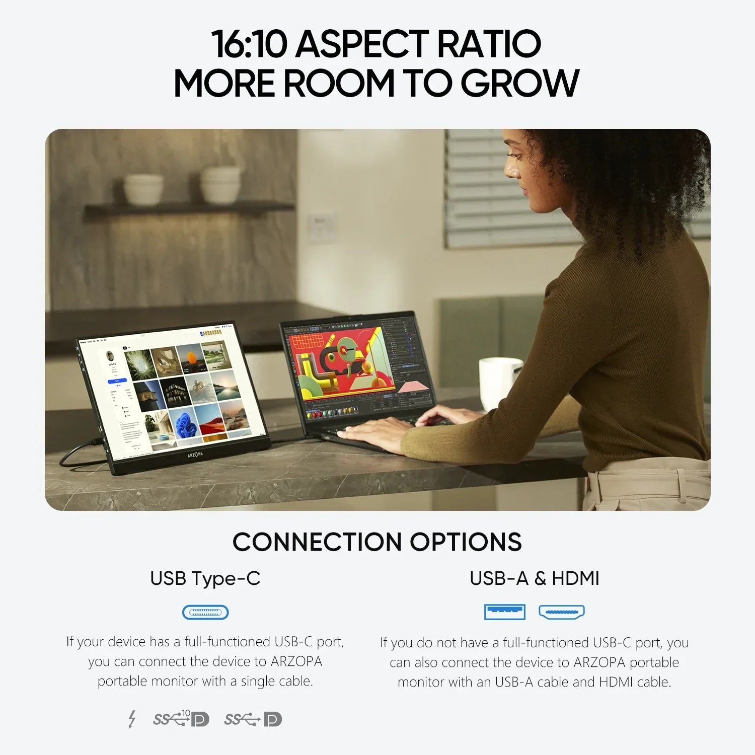 ARZOPA 16inch 2K Portable Monitor 16:10 IPS Screen with type-c mini hdmi Second Display for MAC/Laptop/PC/Xbox/PS4/5/Switch,Z1RC - Evallys.com