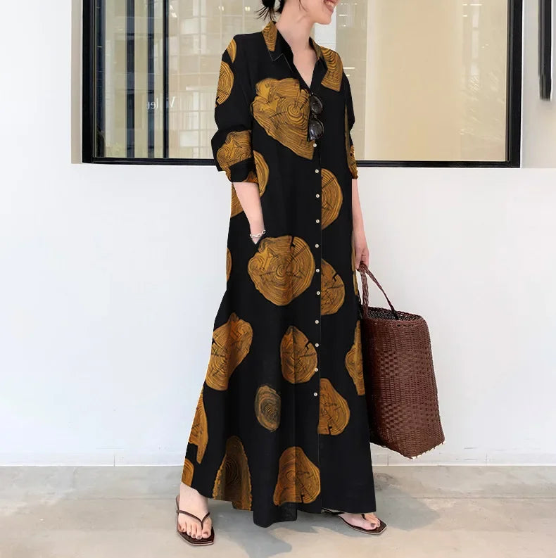 Vintage Cotton Linen Shirt Dress Women’s Autumn Long Maxi Robe - Evallys.com