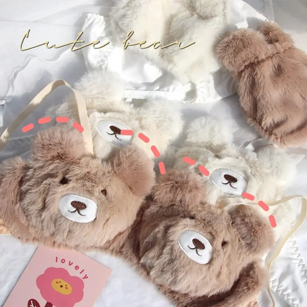 Japanese Girls Winter Soft Ropa Interior Cute Lingerie for Women Cartoon Bear Students Plush Sexy Bras Wireless Thin Bra Set - Evallys.com