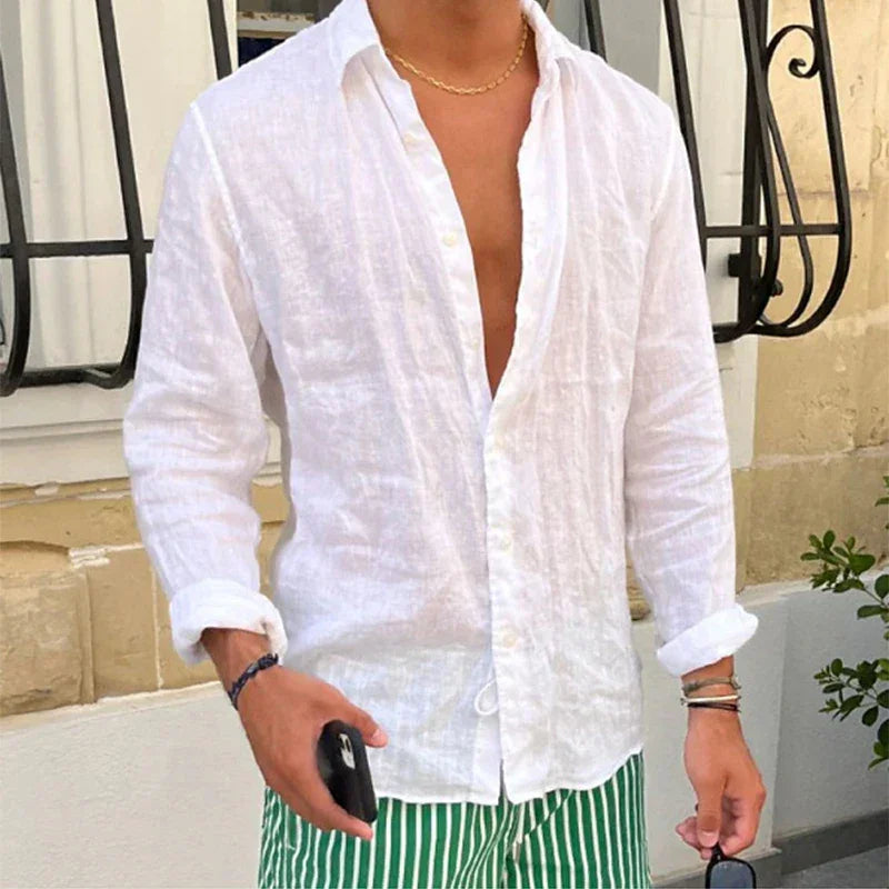Spring New Casual Linen Shirts Mens Long Sleeve Button-up Turn-down Collar Shirt Seaside Beach Vintage Men Solid Color Cardigans - Evallys.com