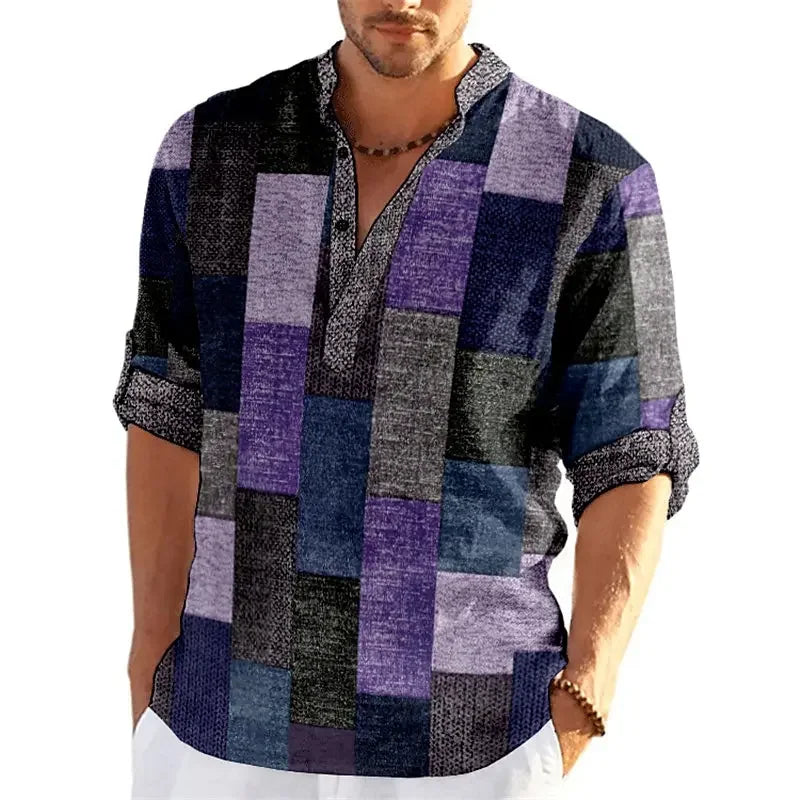 Patchwork 3D Print Color Block Henley Shirts Men's Fashion Vintage Stand Collar Long Sleeve Shirt Male Tops Blouse Man Clothing - Evallys.com