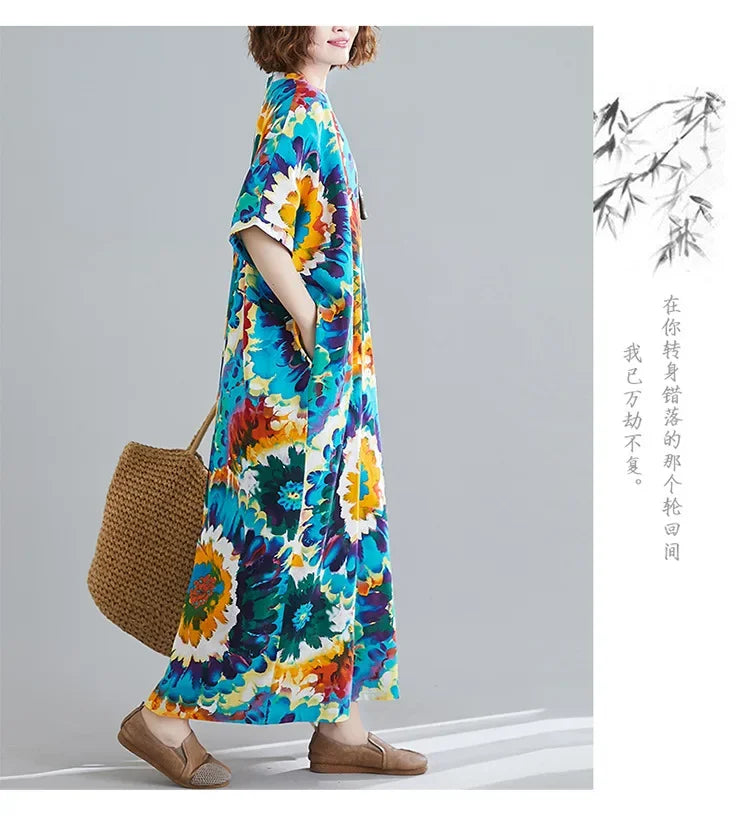 Boho Floral Maxi Dress – Cotton Linen V-Neck Summer Beach Wear - Evallys.com