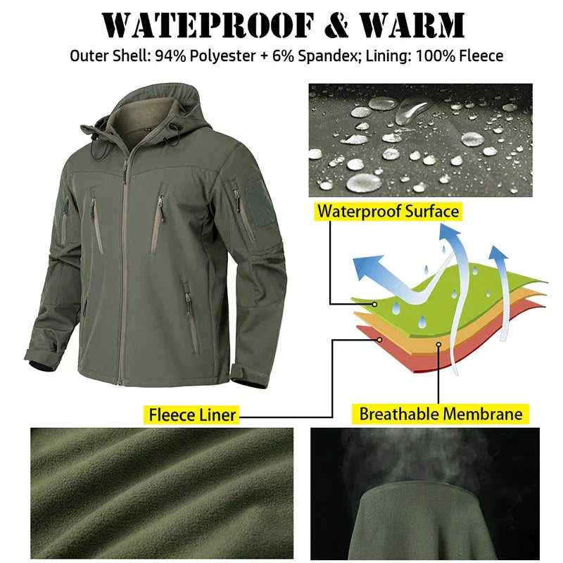 Men's Waterproof Softshell Tactical Jacket Winter Windproof Fleece Hoodie Jacket Outdoor Hiking Skiing Windbreaker Coat - Evallys.com