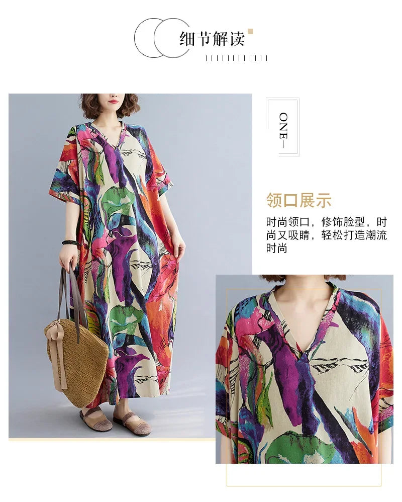 Vintage Floral Cotton Linen Maxi Dress – Oversized Boho Summer Wear - Evallys.com