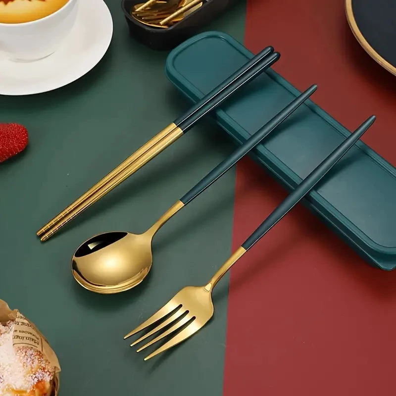3pcs Thin Portuguese portable stainless steel cutlery chopsticks, forks, spoons, student home outdoor picnic tableware
