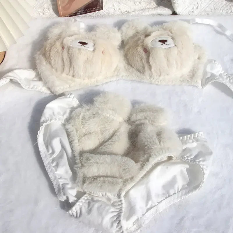 Japanese Girls Winter Soft Ropa Interior Cute Lingerie for Women Cartoon Bear Students Plush Sexy Bras Wireless Thin Bra Set - Evallys.com