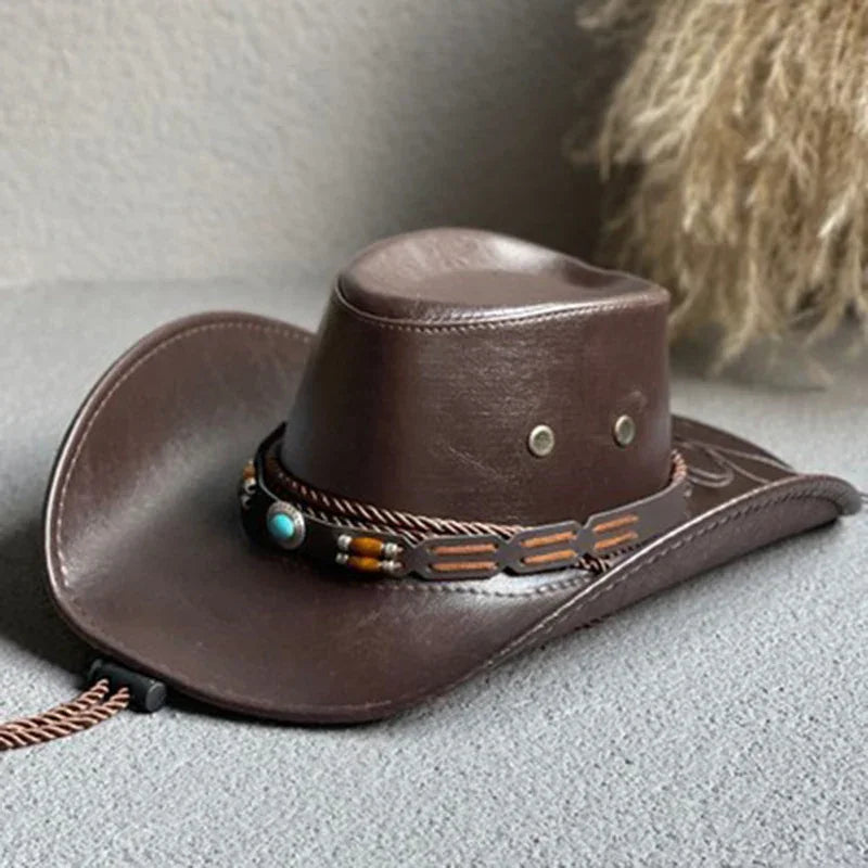 Faux Leather Cowboy Hat – Vintage Unisex Western Jazz Dress Cap - Evallys.com