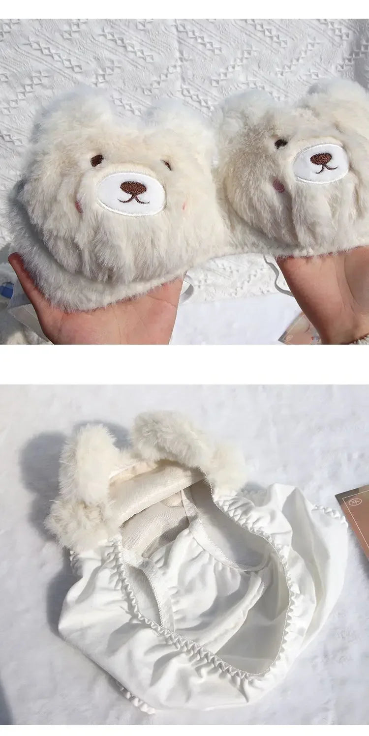 Japanese Girls Winter Soft Ropa Interior Cute Lingerie for Women Cartoon Bear Students Plush Sexy Bras Wireless Thin Bra Set - Evallys.com