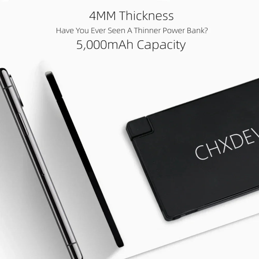 Power Bank For iPhone 5MM Ultra Thin 5000mAh Portable Fast Charging External Battery Built In Cable For Samsung iPhone XIAOMI - Evallys.com