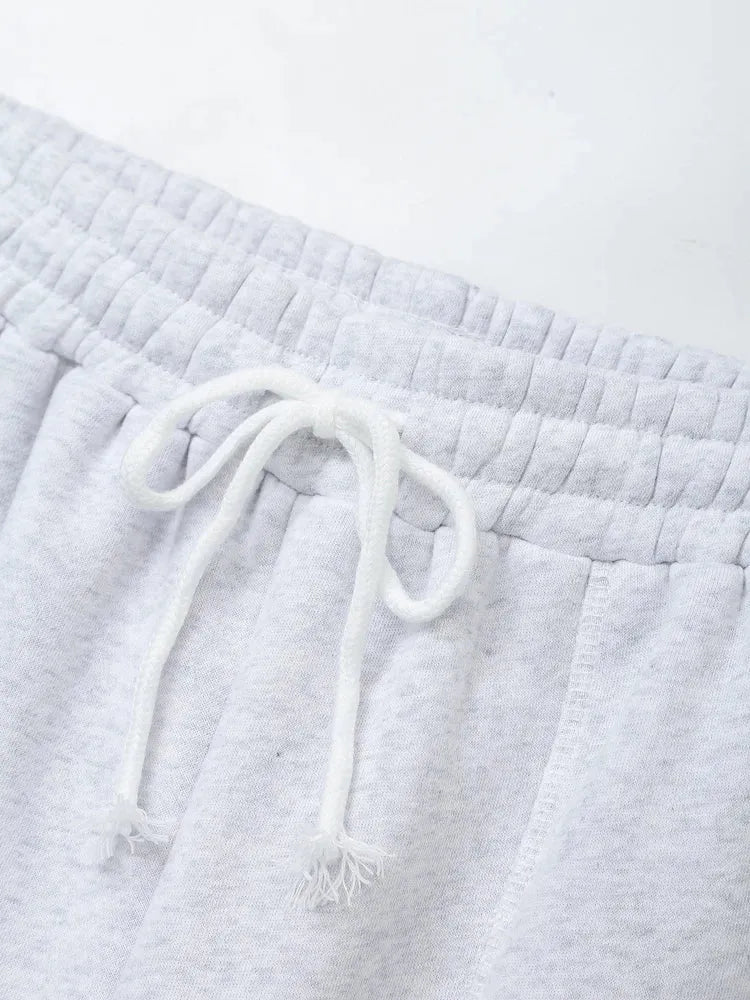 TRAF 2024 Spring Female Casual Hoodies Zipper Coats+Elastic Waist Baggy Pants 2 Pieces Set Elegant Loose Solid Pink Grey Pants - Evallys.com
