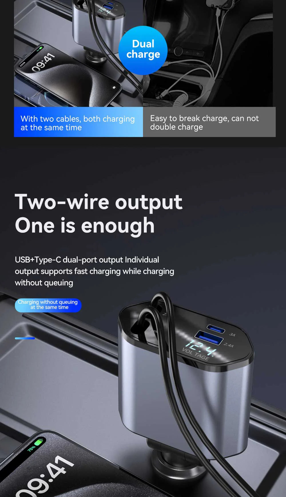 120W 4 in 1 Car Charger Retractable Car Cigarette Lighter Adapter USB Type C Fast Charger Cable For IPhone Xiaomi Huawei Samsung