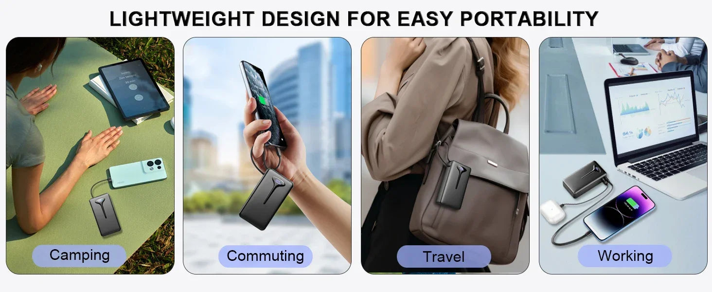 10000mAh Portable Charger Power Bank with 22.5W Fast Charging, USB-C In&Out, Built-in Cable,Travel Essentials for iPhone,Android - Evallys.com