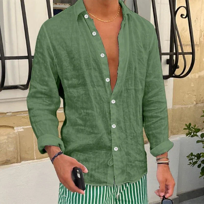 Spring New Casual Linen Shirts Mens Long Sleeve Button-up Turn-down Collar Shirt Seaside Beach Vintage Men Solid Color Cardigans - Evallys.com