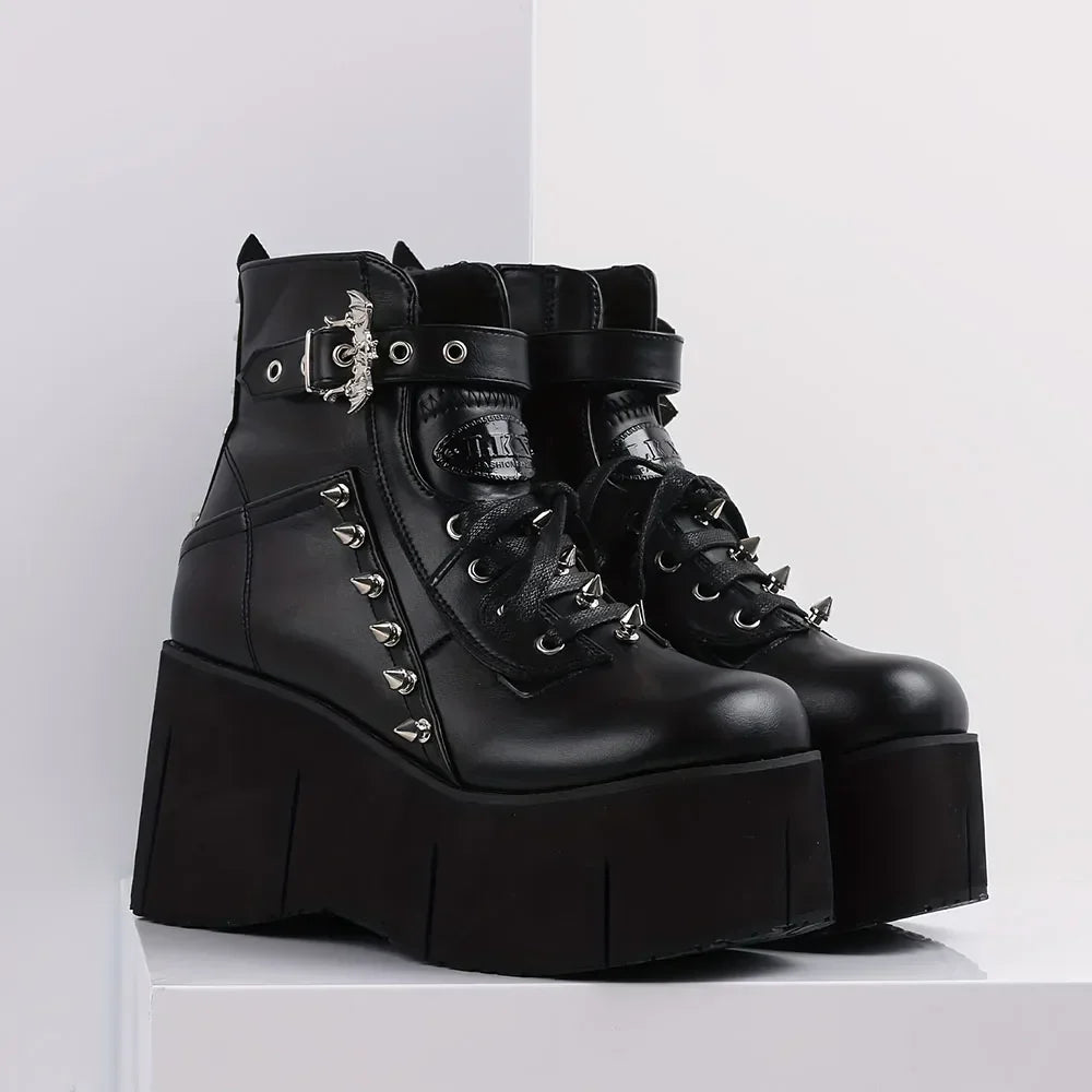 GIGIFOX Goth Punk Stylish High Platform Ankle Boots For Woman High Wedges Heel Side Zipper Round Toe Metal Rivet Punk Girl Boots - Evallys.com
