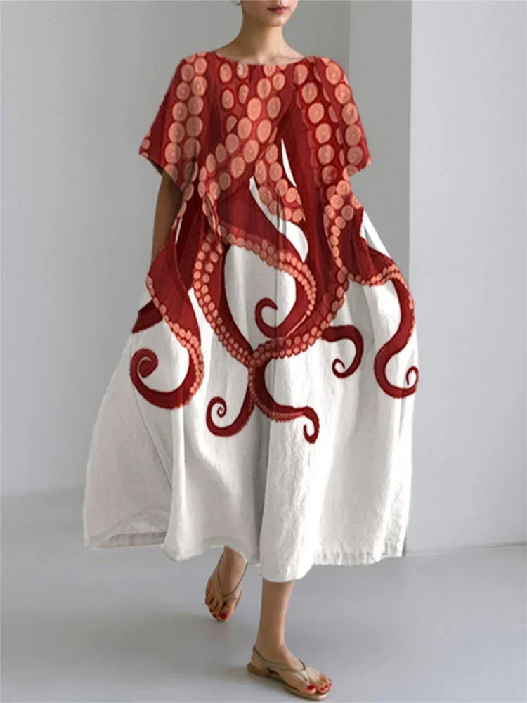 Elegant 3D Printed Women’s Ankle-Length Crewneck Casual Dress - Evallys.com