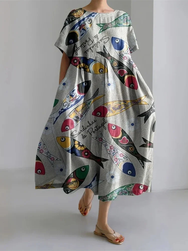 Elegant 3D Printed Women’s Ankle-Length Crewneck Casual Dress - Evallys.com
