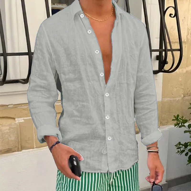 Spring New Casual Linen Shirts Mens Long Sleeve Button-up Turn-down Collar Shirt Seaside Beach Vintage Men Solid Color Cardigans - Evallys.com