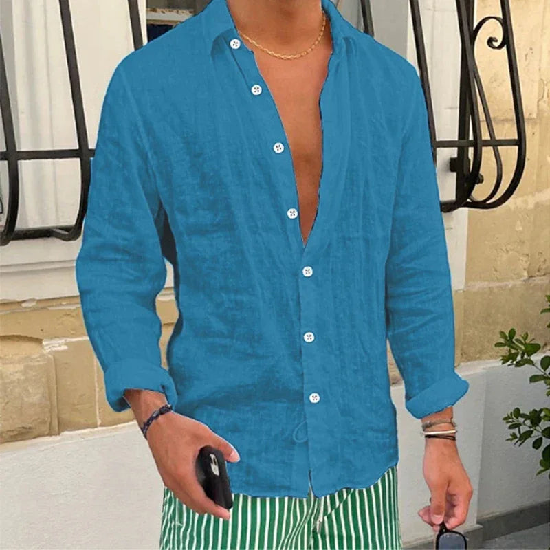 Spring New Casual Linen Shirts Mens Long Sleeve Button-up Turn-down Collar Shirt Seaside Beach Vintage Men Solid Color Cardigans - Evallys.com