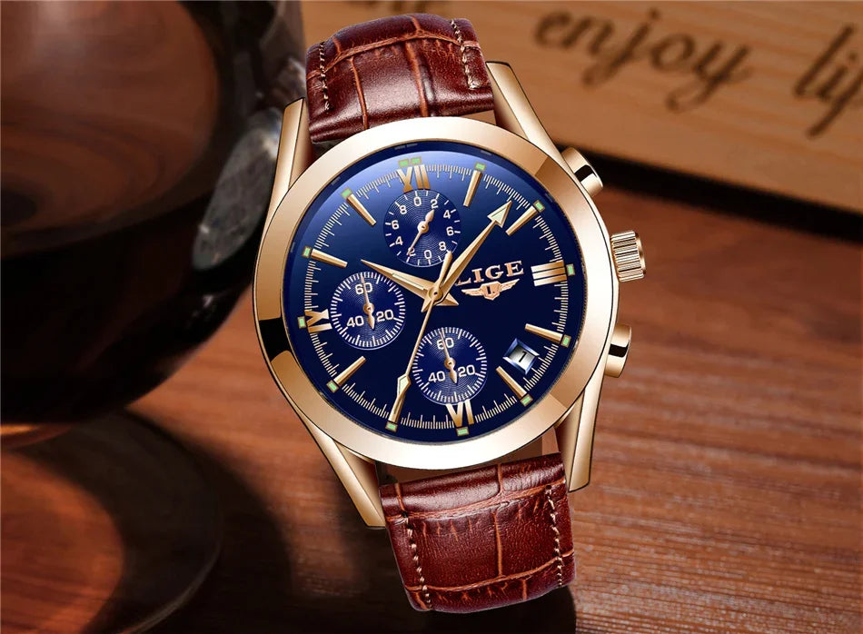 LIGE Men Watch Top Brand Luxury Waterproof Luminous Sport Wristwatch Quartz Military Genuine Leather Relogios Masculino+Box - Evallys.com