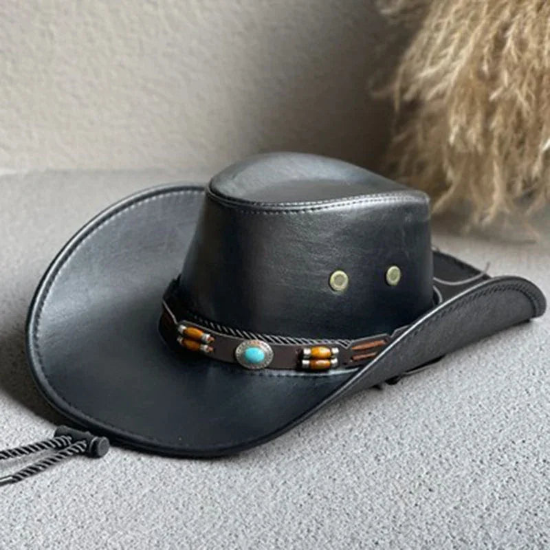 Faux Leather Cowboy Hat – Vintage Unisex Western Jazz Dress Cap - Evallys.com