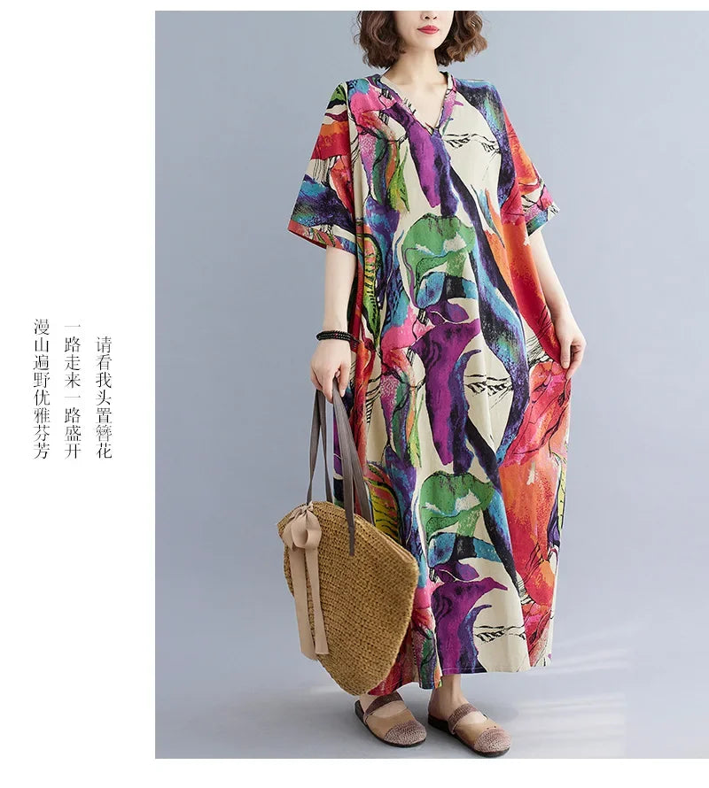 Boho Floral Maxi Dress – Cotton Linen V-Neck Summer Beach Wear - Evallys.com