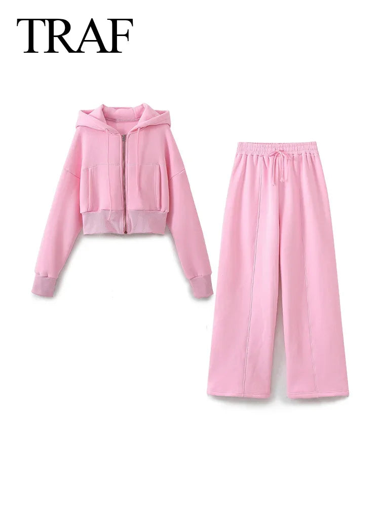 TRAF 2024 Spring Female Casual Hoodies Zipper Coats+Elastic Waist Baggy Pants 2 Pieces Set Elegant Loose Solid Pink Grey Pants - Evallys.com