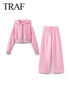 TRAF 2024 Spring Female Casual Hoodies Zipper Coats+Elastic Waist Baggy Pants 2 Pieces Set Elegant Loose Solid Pink Grey Pants - Evallys.com