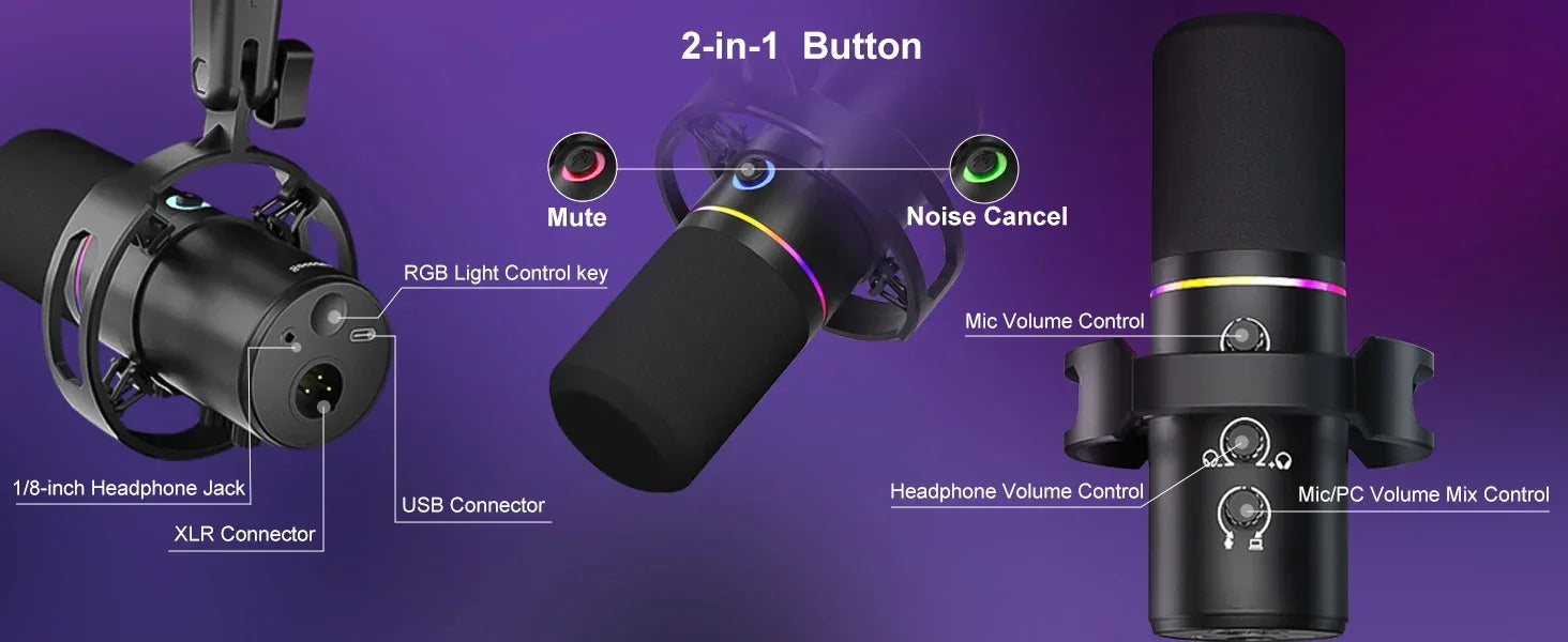 XLR/USB Dynamic Microphone Kit, PC Microphone for Streaming, Podcasting, Gaming, RGB, Mute and Noise Cancelling Function, Volume - Evallys.com