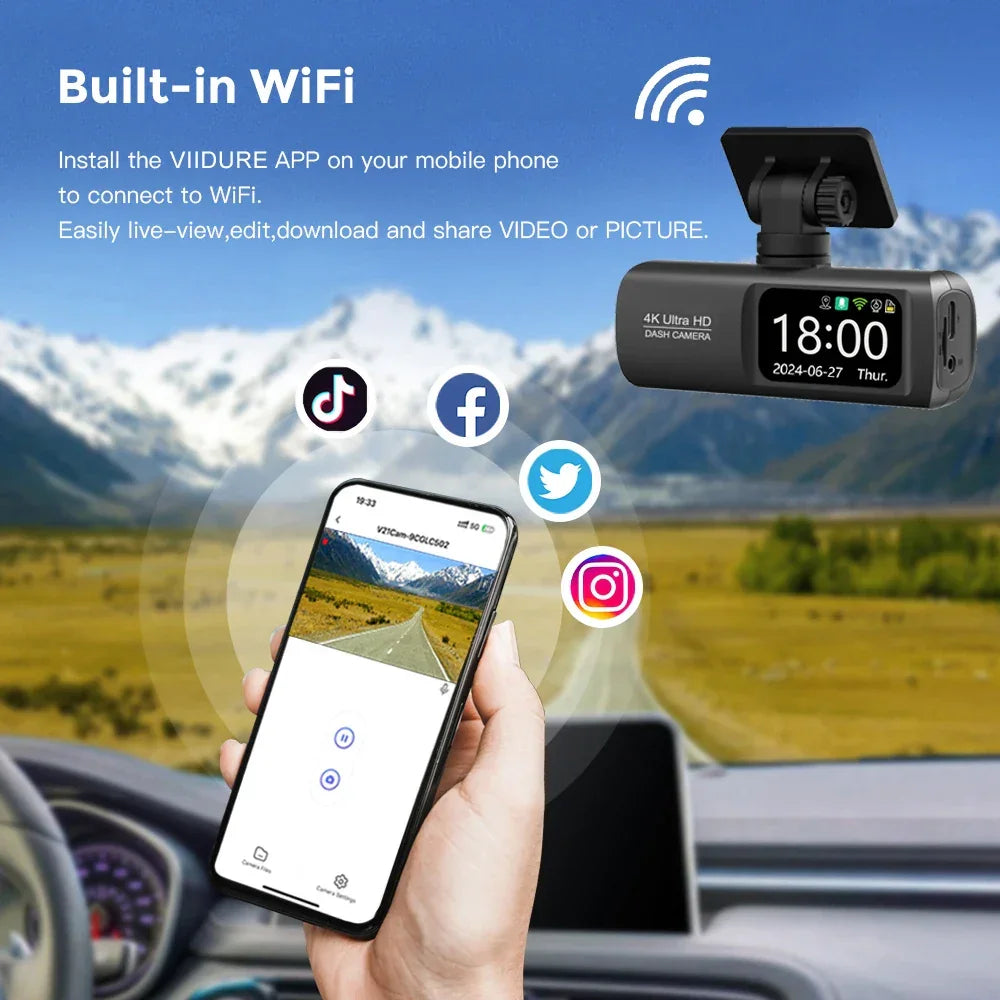 UHD 4K Dash Cam Dual Lens Driving Recorder Car DVR 1080P Rear Lens Camera Built-In WiFi GPS 24-Hour Parking Monitoring Black Box - Evallys.com