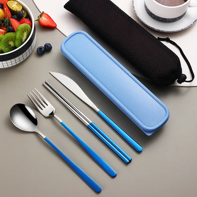 Portable Cutlery Set for Camping & Travel 4pcs Stainless Steel Knife, Fork, Spoon Kit with Storage Box