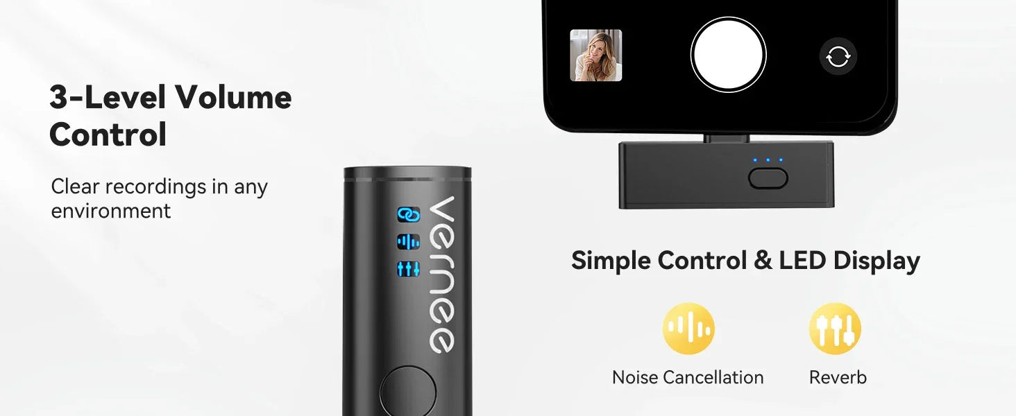 vernee V10 Wireless Lavalier Microphone 60M Noise Cancellation Vlog Short Video Recording Mini Mic for iPhone/Android - Evallys.com